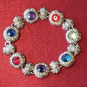 Antique Silver Bracelet Beautiful Design, Colored Glass Stones/ Magnetic Closure